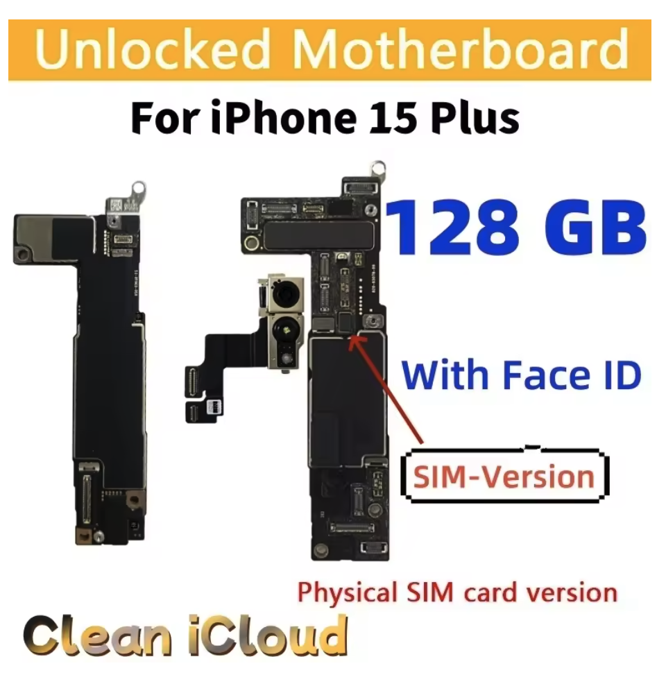 128GB Unlocked Motherboard 5G Support iOS Update For iPhone 15 Plus With Face ID Clean iCloud Logic Board Full Chips