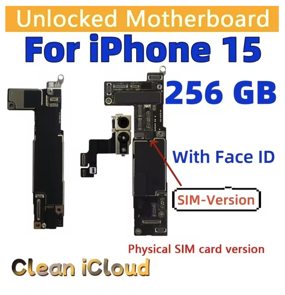 256GB Unlocked Motherboard 5G Support iOS Update For iPhone 15 With Face ID Clean iCloud Logic Board Full Chips