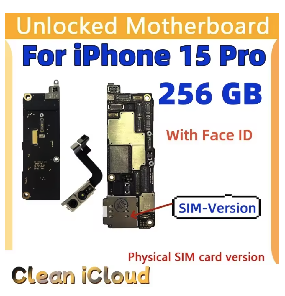 256GB Unlocked Motherboard 5G Support iOS Update For iPhone 15 Pro With Face ID Clean iCloud Logic Board Full Chips