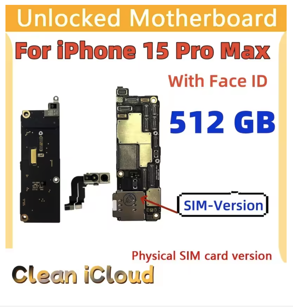 512GB Unlocked Motherboard 5G Support iOS Update For iPhone 15 Pro Max With Face ID Clean iCloud Logic Board Full Chips